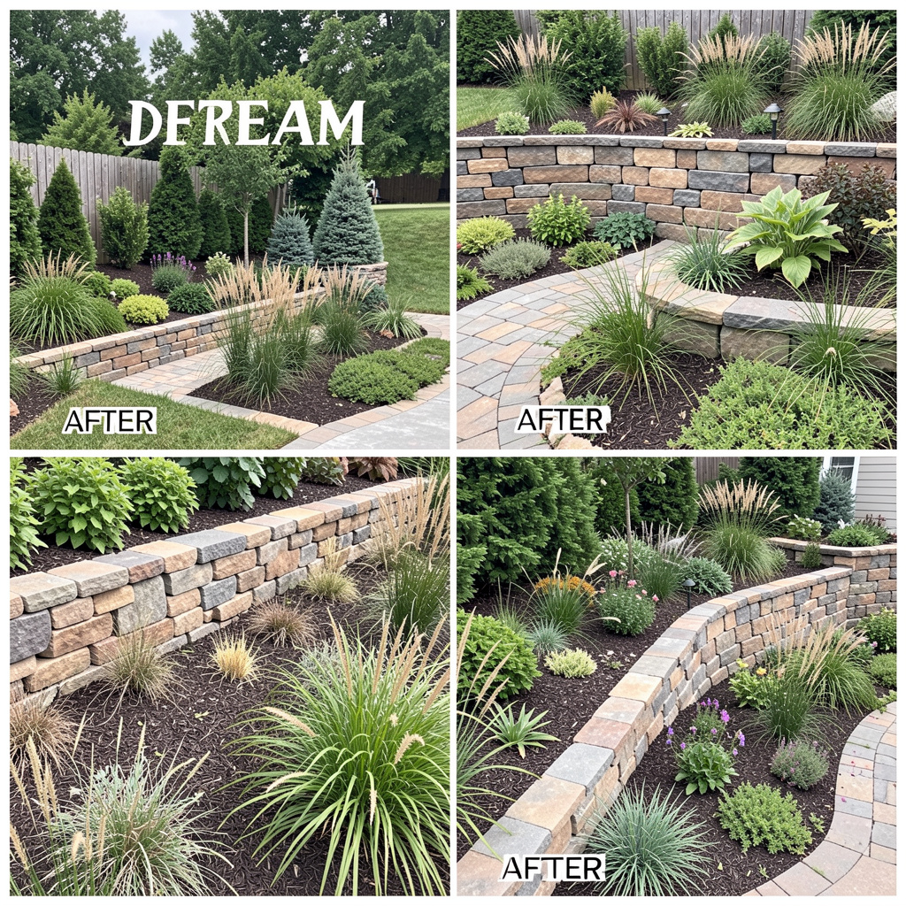 Before and after dream outdoor space makeover with hardscape and greenery